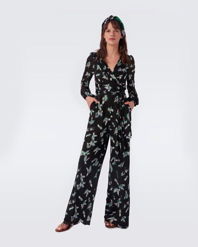 Diane Von Furstenberg Poet Belted Gathered Printed Crepe Jumpsuit In Birds Small Black