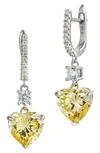 Savvy Cie Jewels Rhodium Plated Sterling Silver Canary Cz Heart Drop Huggie Earrings In White/canary
