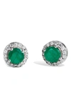 Savvy Cie Jewels Sterling Silver Zircon Halo Natural Emerald Stud Earrings In Silver/emerald