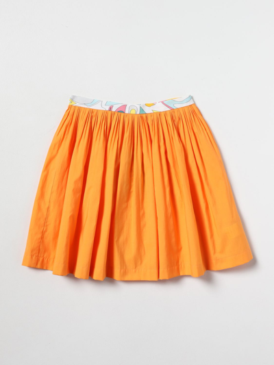 Emilio Pucci Kids' Cotton Popline Skirt With Printed Waistband In Orange
