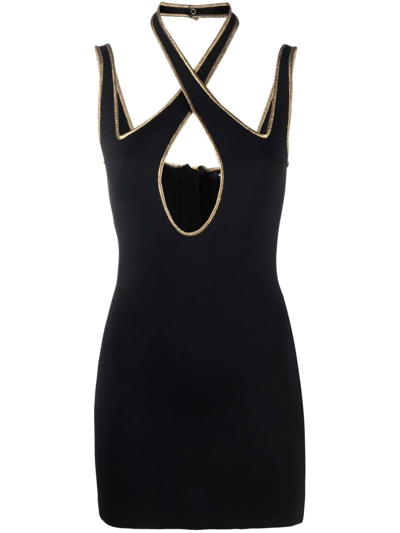 Balmain Black Sleeveless Dress With Contrasting Gold Trim In Nero