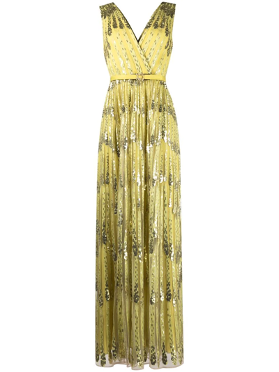 Elie Saab Yarn Embroidered Sleeveless Gown In Green Sheen