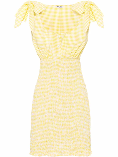 Miu Miu Gingham Tie-shoulder Smocked Mini Dress In Giallo