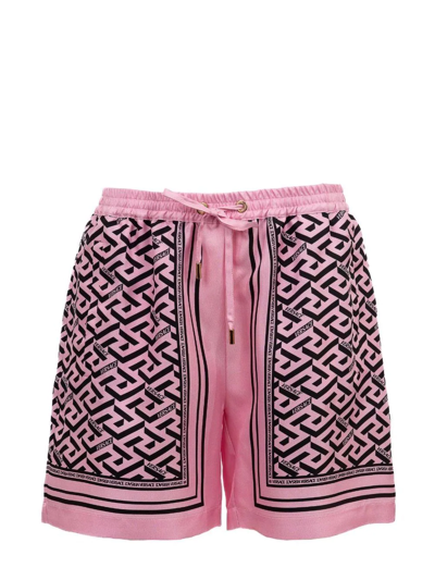Versace Silk Bermuda Shorts With Monogram Foulard Print In Multicolor