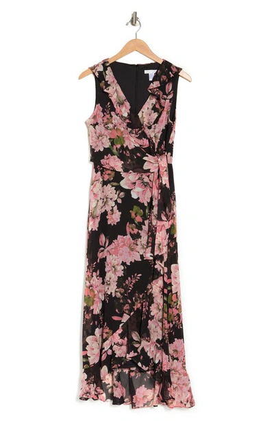 London Times Femme Floral Yoryu Ruffle Hem Dress In Black
