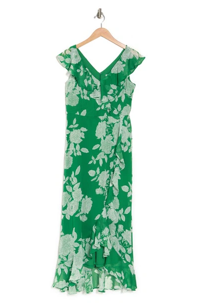 London Times Ruffle Wrap Maxi Dress In Green/ Soft White