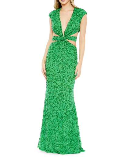 Mac Duggal Sequined Cap Sleeveless Plunge Neck Cut Out Gown In Spring Green