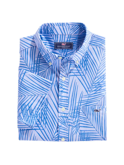 Vineyard Vines Leaf Print Short Sleeve Button-down Shirt In Palm - Calm Water