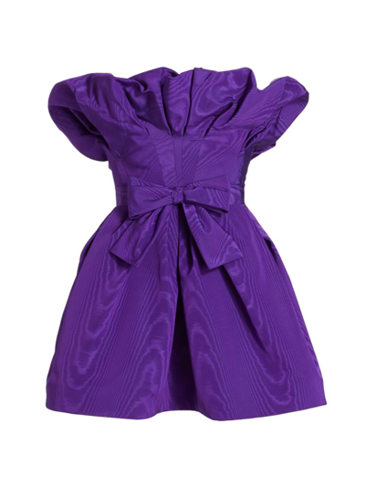 Oscar De La Renta Strapless Bow-embellished Cotton-blend Moire Mini Dress In Violet