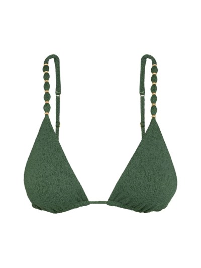 Vix Embellished Seersucker Triangle Bikini Top In Olive