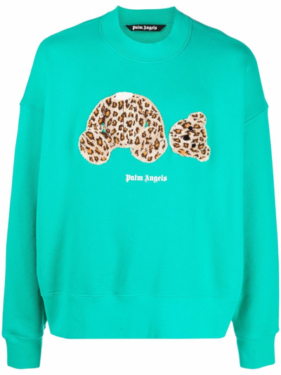 Palm Angels Teddy Bear-print Cotton Sweatshirt Green In Xs