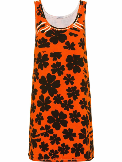 Miu Miu Floral-print Drill Mini Dress In Orange