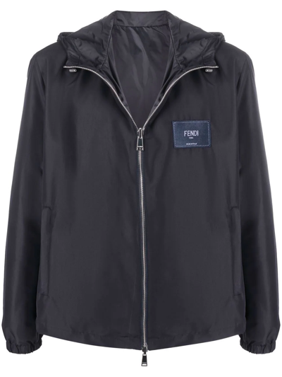 Fendi Reversible Logo-patch Hooded Jacket In Blue