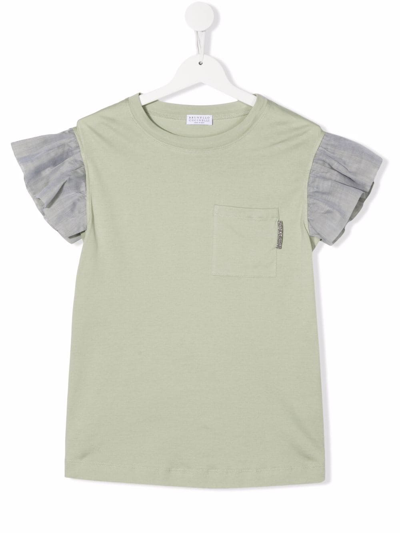 Brunello Cucinelli Kids' Tulle-trimmed Cotton T-shirt In Verde