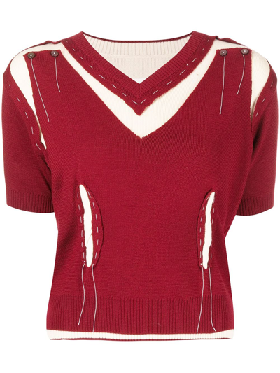 Pre-owned Maison Margiela Deconstructed V-neck Knitted Top In Red