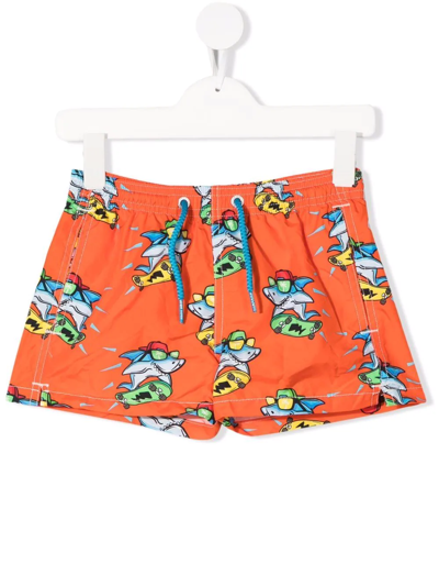 Mc2 Saint Barth Kids' Shark Print Nylon Swim Shorts In Orange