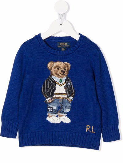Ralph Lauren Kids' Teddy Bear-print Crew Neck Sweatshirt In Blue