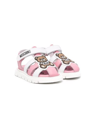 Moschino Kids' Two-tone Teddy-patch Sandals In White,pink