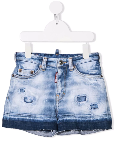 Dsquared2 Kids' Acid-wash Distressed Denim Shorts In Blue