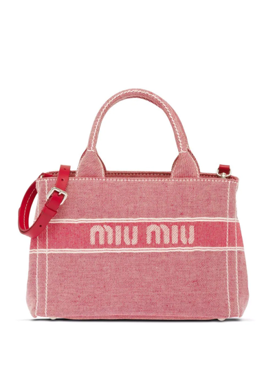 Miu Miu Jacquard Logo Denim Handbag In Red