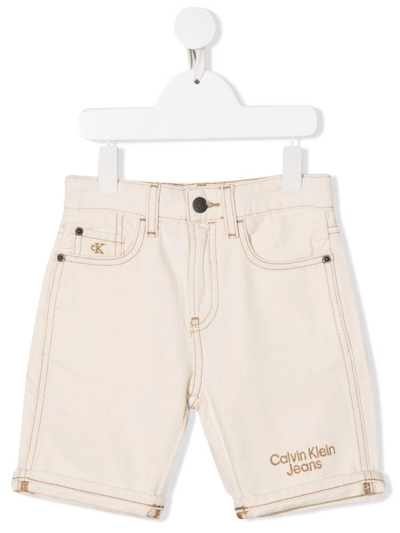 Calvin Klein Kids' Embroidered Logo Denim Shorts In Neutrals