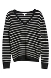 Nordstrom Cashmere Essential V-neck Sweater In Black- Ivory Stripe