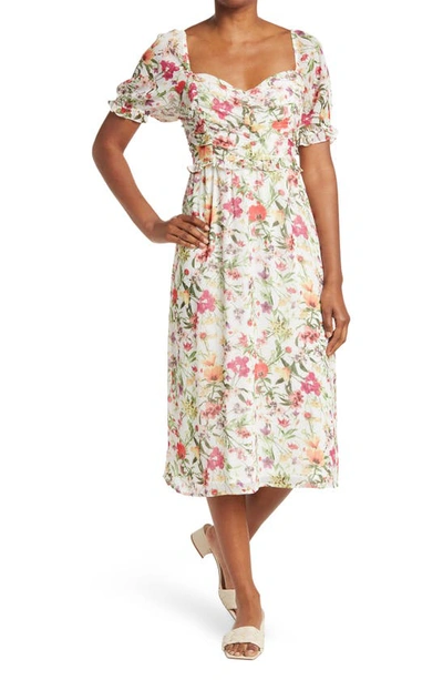 Collective Concepts Ruched Bodice Midi Dress In White Floral