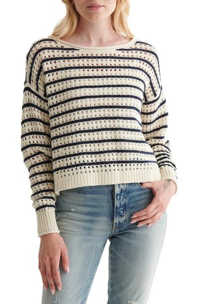 Lucky Brand Pointelle Stripe Cotton Jumper In Cream Navy Blazer St