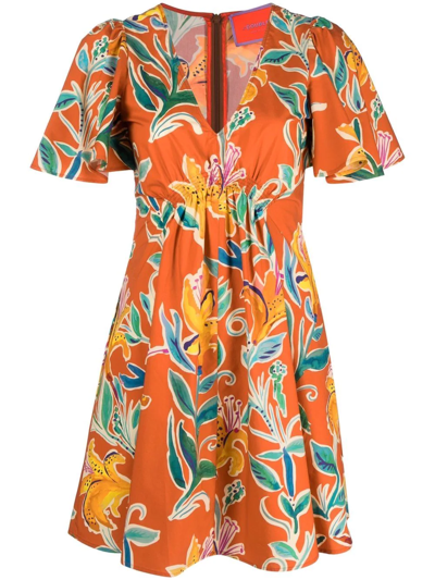 La Doublej Floral-print Mini Dress In Orange