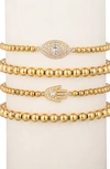 Eye Candy Los Angeles Heena Set Of 4 Cz Evil Eye & Hamsa Titanium Beaded Stretch Bracelets In Gold