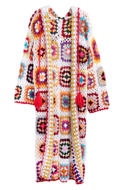 Saachi Granny Hooded Square Crochet Kimono In White Combo