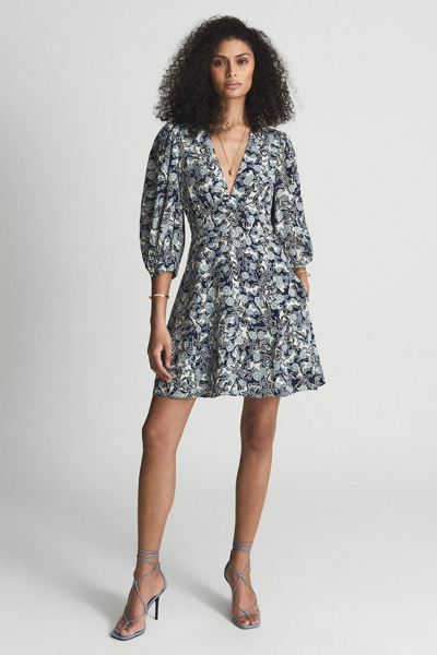 Reiss Daisy Printed Balloon Sleeve Mini Dress In Coral
