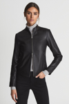 Reiss Leather Collarless Biker Jacket In Black