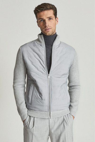 Reiss Trainer Long Sleeve Quilted Hybrid Zip Through Jacket In Soft Gray