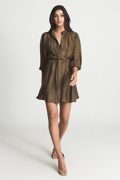 Reiss Harriet Lace-insert Woven Mini Dress In Khaki