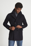 REISS CORK - NAVY DOUBLE BREASTED WOOL BLEND PEACOAT, L