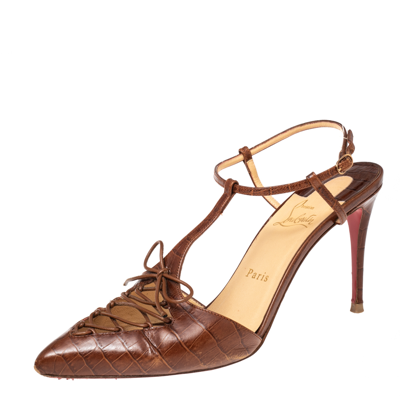 Pre-owned Christian Louboutin Brown Croc Embossed Leather Crococuty Ankle-strap Pumps Size 40