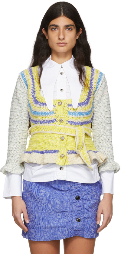 Ganni Multicolor Organic Cotton-wool-linen Blend Cardigan In Yellow,purple,white