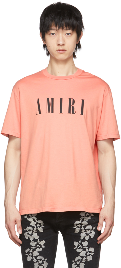 Amiri Peach T-shirt With Contrasting Logo Lettering In Pink