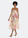 ALFRED SUNG ALFRED SUNG STRAPLESS PINK FLORAL ORGANDY MIDI DRESS
