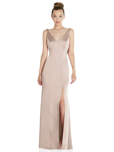 After Six Draped Cowl-back Princess Line Dress With Front Slit In Grey