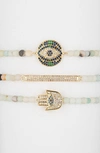 Eye Candy Los Angeles Cubic Zirconia Evil Eye Hamsa Cici Agate Charm Bracelet In Green