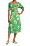 COLLECTIVE CONCEPTS FLORAL PUFF SLEEVE CUTOUT MIDI DRESS
