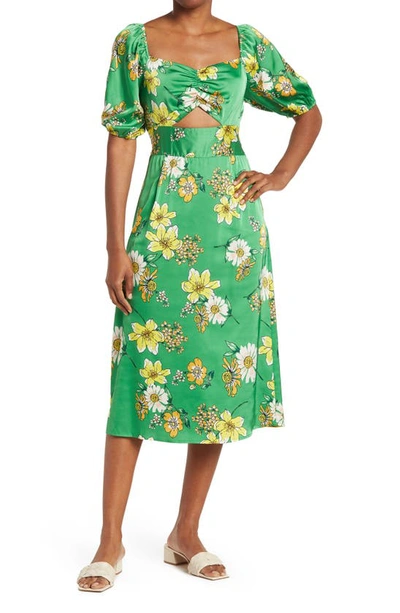 Collective Concepts Floral Puff Sleeve Cutout Midi Dress In Green Floral