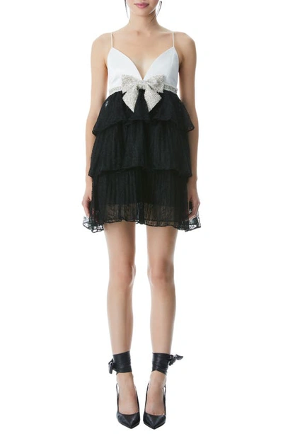 Alice And Olivia Cairo Bow-embellished Satin-paneled Corded Lace Mini Dress In Black