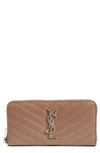 SAINT LAURENT 'MONOGRAM' ZIP AROUND QUILTED CALFSKIN LEATHER WALLET