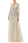 Mac Duggal Sequin Surplice A-line Gown In Silver Nude