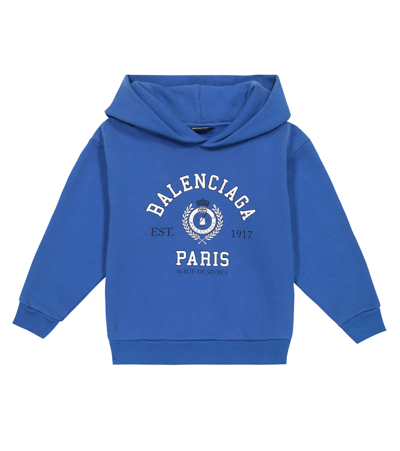 Balenciaga Kids' Logo Cotton Hoodie In Ocean Blue