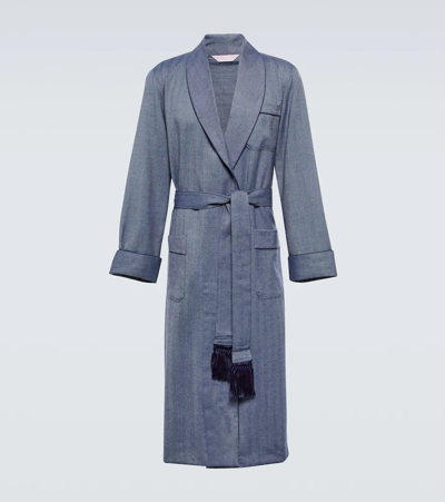 Derek Rose Lincoln Herringbone Wool Dressing Gown In Blue