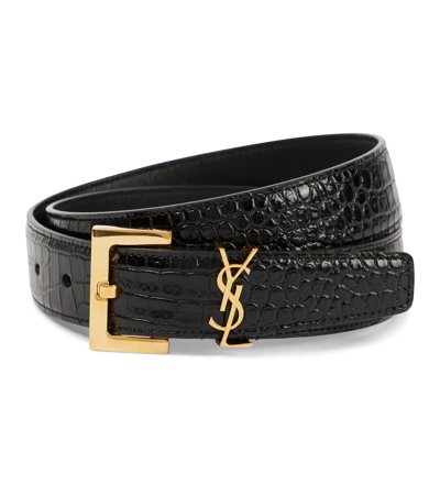 Saint Laurent Monogram Croc-effect Leather Belt In Noir